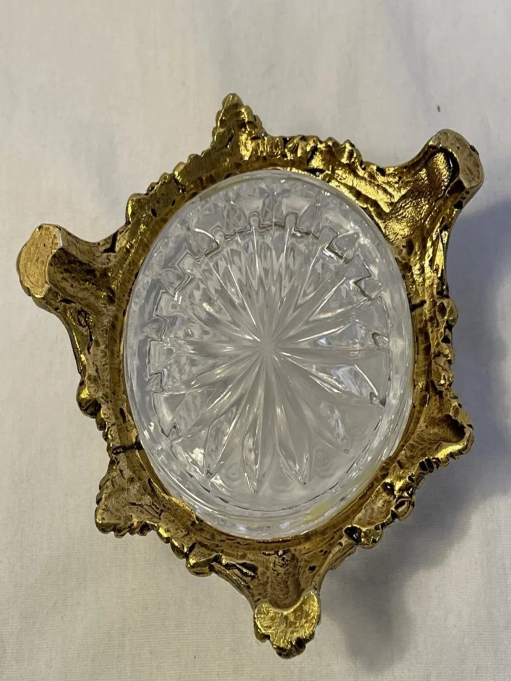 Vintage Crystal Salt Cellar Set Gold Filigree Footed Condiment Jam Bowls Spoon